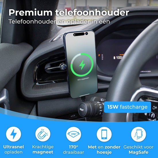 Nuvance - Supports de téléphone de voiture - Convient pour MagSafe iPhone 12/13/14/15 - Support de téléphone avec chargeur sans fil - Supports pour voiture magnétiques - Zwart