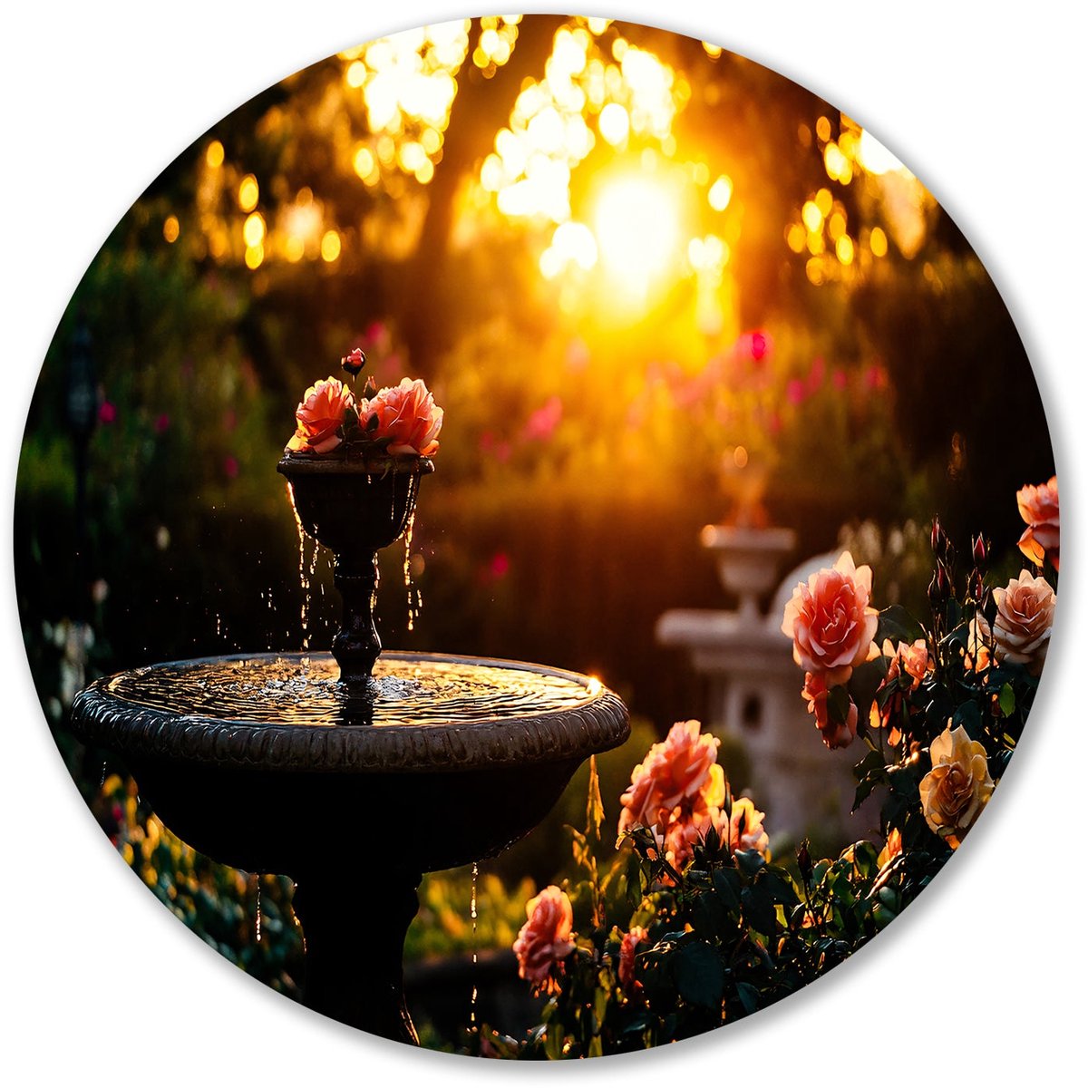 Romantische fontein in rozentuin - Rozen wanddecoratie rond - Wandpaneel fontein - Impress