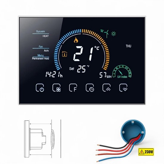 Thermostat Wi-Fi intelligent | Chauffage de l'eau CV | Chaudière | Carré | Noir | 3 ampères | 4 fils | 90-240v | Alternatief à Tado