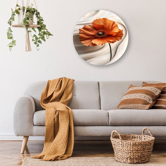 Gedetailleerde oranje papaverbloem - Bloem schilderij rond - Wandschalen papaver - Hyperrealisme - Muurcirkel Forex - Muurkunst aanbrengen - Muurcirkel forex 80x80 cm