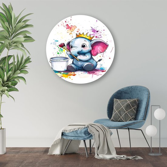 Schattige babyolifant met kleuren - Olifant wanddecoratie rond - Rond kunstwerk dieren - Aquarel - Forex kunstwerk cirkel - Metalen wanddecoratie - Muurcirkel forex 80x80 cm