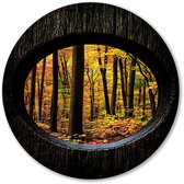 Herfstbos door ronde kijkopening - Bos wandcirkels - Wandobject rond bomen - Surrealistisch - Wandobject Forex rond - Muurkunst aanbrengen - Muurcirkel forex 80x80 cm