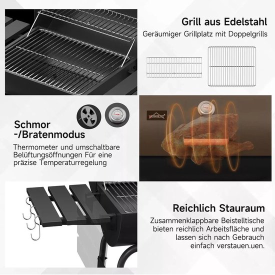 BORVAT® - Houtskool BBQ - Smoker Barbecue - met Thermometer, - Zijpanelen - Zwart van Borvat — afbeelding 4