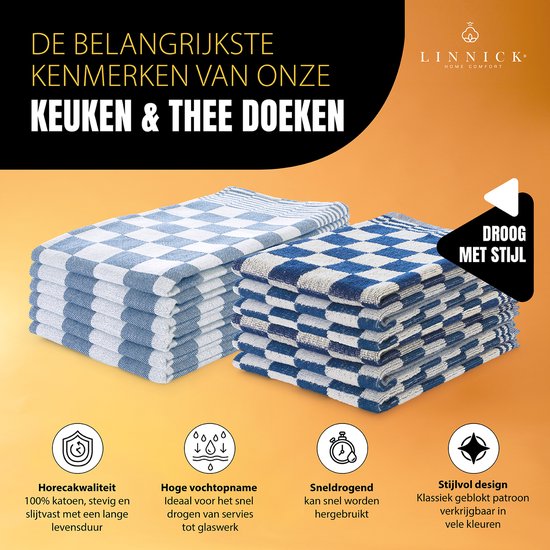 LINNICK Keukendoeken Set Blok Blauw – 50x50 – Set van 10 – Geblokt – Blokdoeken – 100% katoen – Keukendoek – handdoeken