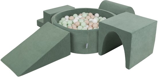 Tapis de jeu KiddyMoon en velours avec matériau en mousse avec même bain de balles rondes (300 balles) balles pour bébés jeux d'obstacles de balles, restauré dans l'UE, vert forêt : beige pastel/blanc/menthe