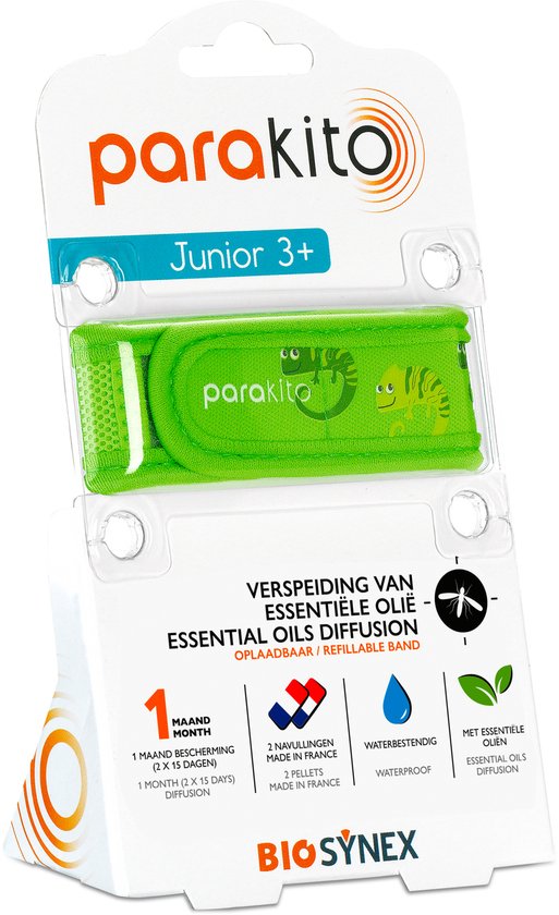 Verpakking van groene Parakito Junior 3+ armband met kameleonprint. Natuurlijke ingrediënten.