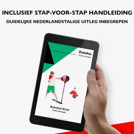 Tablet met handleiding 'Boksbal Kind Snelle Startgids'. Beeld van jongen met boksbal en handschoenen.