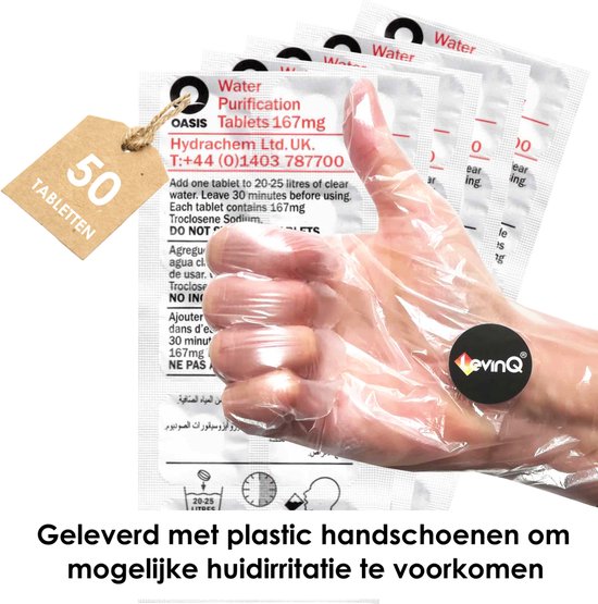 LevinQ Oasis 20 x Waterzuiveringstabletten - Houdbaar tot 2027! - 25 liter Veilig drinkwater per tablet NATO/NSF goedgekeurd + LevinQ® Handschoenen PE van LevinQ — afbeelding 4