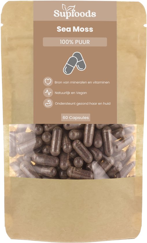 Bruine Supfoods Sea Moss verpakking met een venster dat 60 donkerbruine capsules toont. 100% Puur.