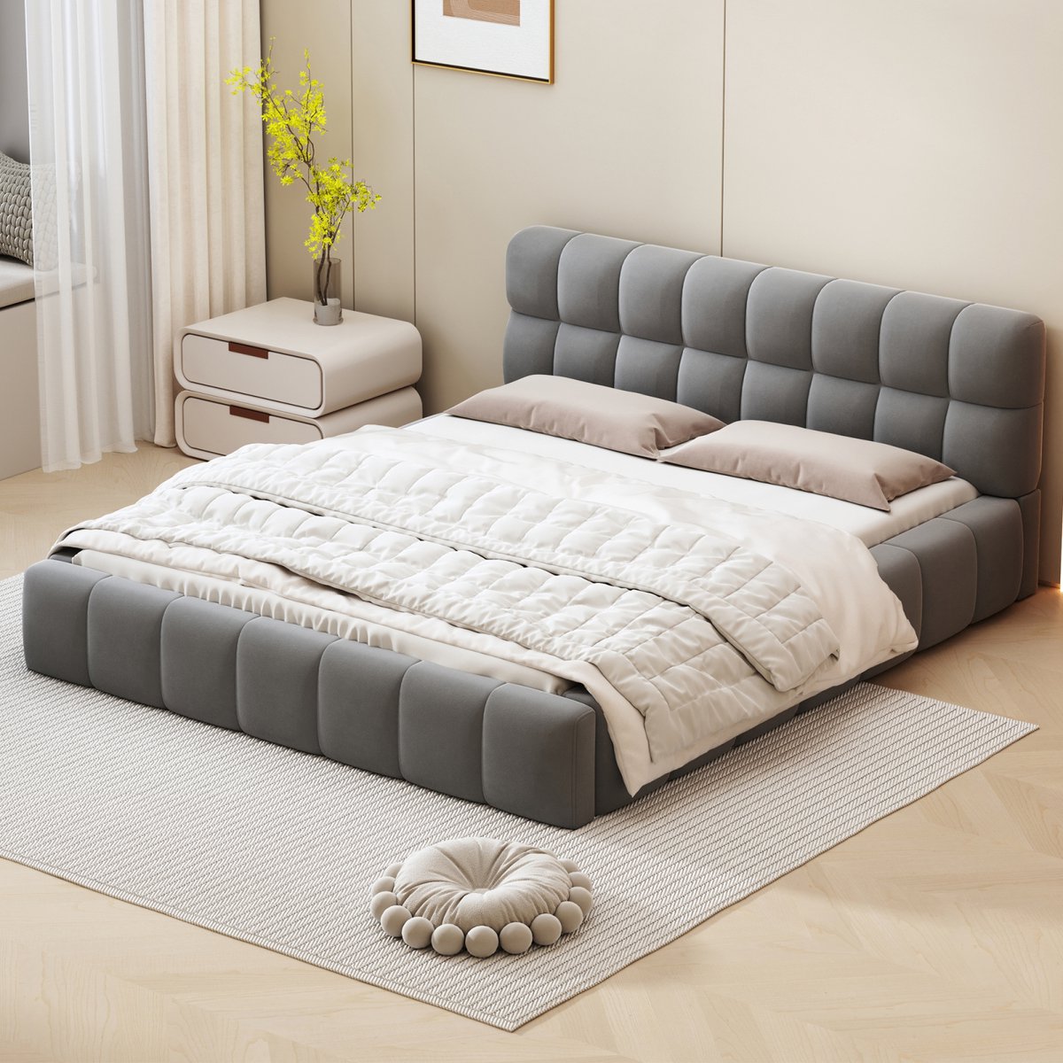Gestoffeerd bed 160x200 cm, tweepersoonsbed met lattenbodem en hoofdeinde, vlak bed met gestoffeerde rand, bedframe voor volwassenen en tieners, zonder matras, linnen grijs