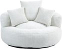 Witte fauteuil met vier kussens en een ronde, gedrongen vorm.