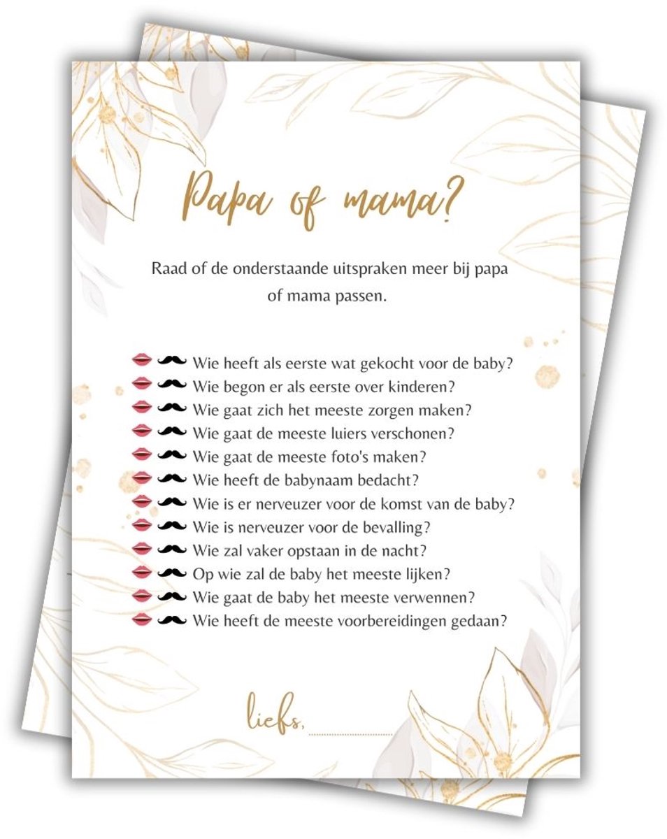 Babyshower Invulkaart 'Papa of Mama' - 20 stuks - Babyshower Spelletjes - Babyshower Kaarten - Gender Reveal - Gender Reveal Spelletjes - A6 Formaat - Gold Flower Collectie