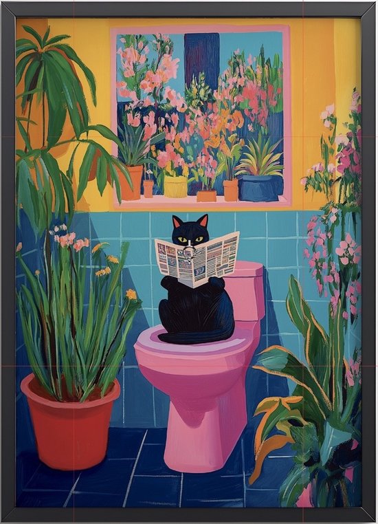 Een zwart katje zit op een roze toilet en leest een krant. Veel planten op de achtergrond.
