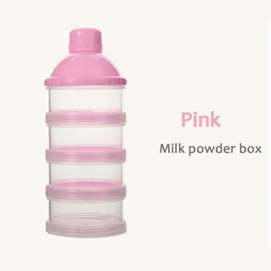 Distributeur de lait en poudre rose à quatre couches.