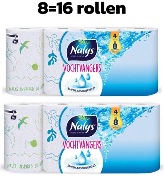 Deux paquets de 4 rouleaux doubles de papier cuisine Nalys Vochtvangers. L'emballage montre des gouttes d'eau et des vagues bleues.