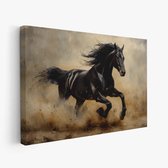 FineArtia - Zwarte galopperende paard - Canvas Schilderij - 90 x 60 cm - Woonkamer Decoratie - Bruin;Zwart - Slaapkamer Schilderij - Wanddecoratie