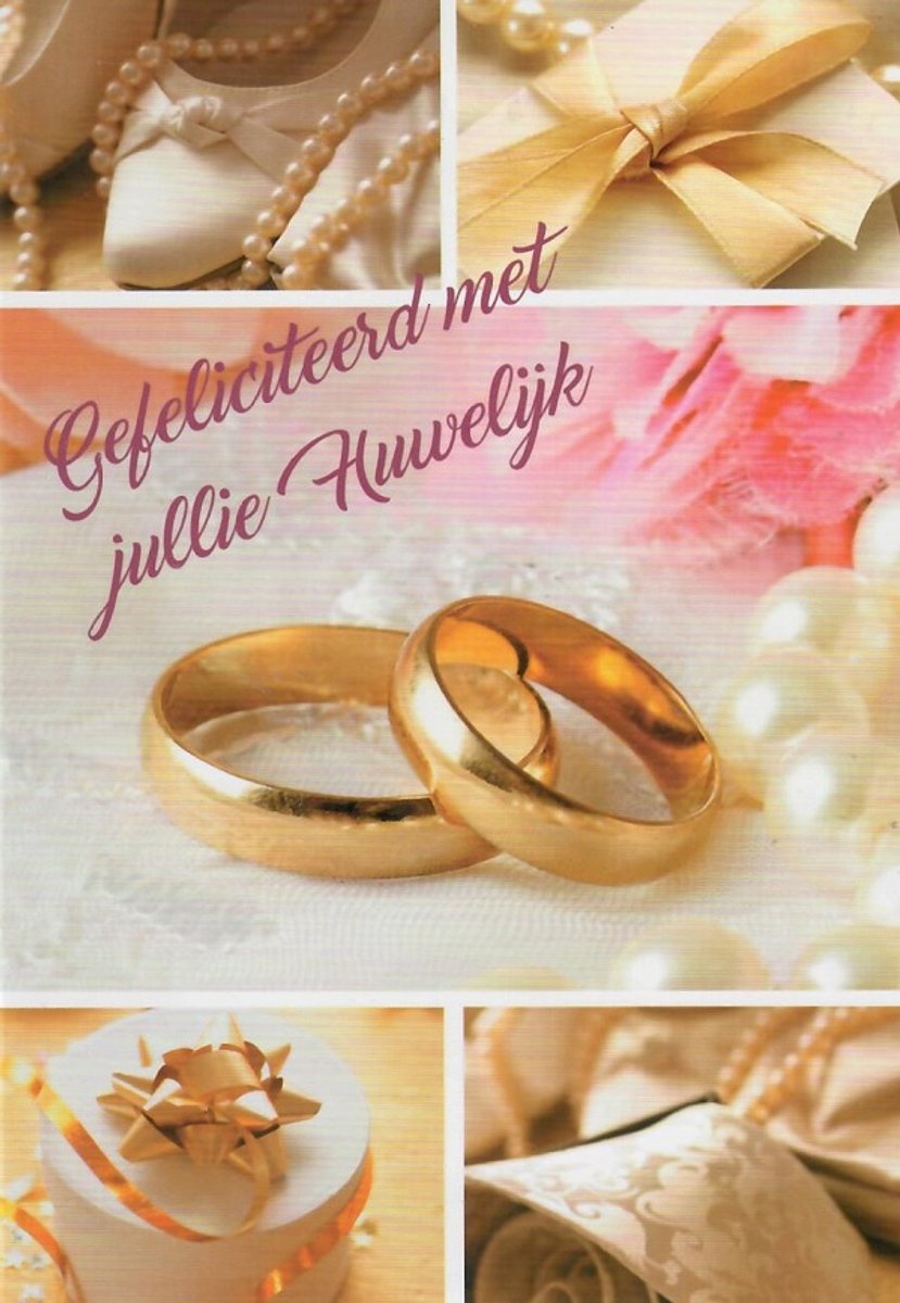 Hartelijk gefeliciteerd met jullie huwelijk! Een bijzondere kaart met een afbeelding van ringen en cadeaus. Een leuke kaart om zo te geven of om bij een cadeau te voegen. Een dubbele wenskaart inclusief envelop en in folie verpakt.