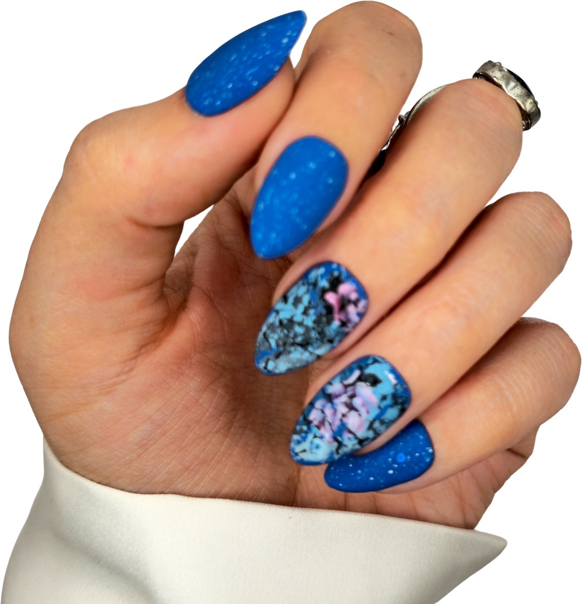SD Press on Nails - B-283 - Plaknagels - Nagelset 20 Nagels - Blauw Glitter Matte - Medium Almond - Nepnagels met Tools & Lijm - Handmade