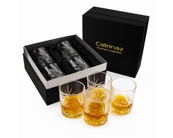 Catrinaz® Luxe Whiskey Glazen Set van 4 – Tumblers 350 ml – Kristalhelder & Loodvrij – Geslepen – Luxe Geschenkverpakking – Voor Whiskey, Rum & Cocktails