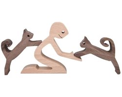 Houten beeldje - Man en 2 katten- Model 04