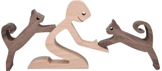 Houten beeldje - Man en 2 katten- Model 04
