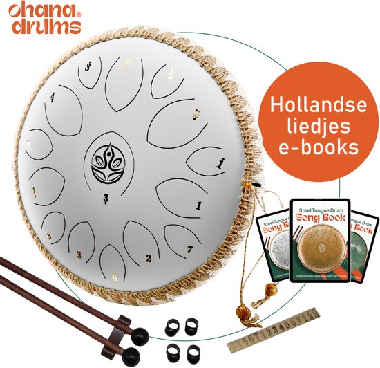 Ohana Drums® Tongue drum - Handpan – Gewoon Wit – 36 cm Ø – Klankschaal – 15 noten – Yoga Drum – Muziekinstrument voor kinderen - Chakra meditatie en ontspanning - Incl. Hollandse liedjes e-book