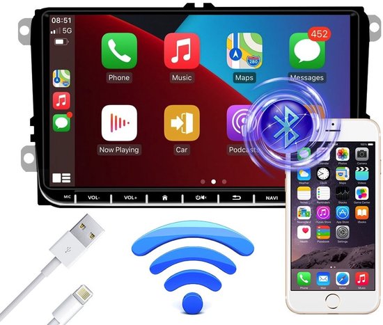 Autoradio met Apple CarPlay, telefoon, muziek, kaarten, berichten, 'nu afspelen', auto, podcasts, met Bluetooth-icoon, wifi-symbool en iPhone.