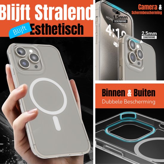 Coque de téléphone transparente avec logo MagSafe, tenue dans une main. Gros plan de la protection de l'écran et de l'appareil photo. Texte 'Intérieur & Extérieur'.