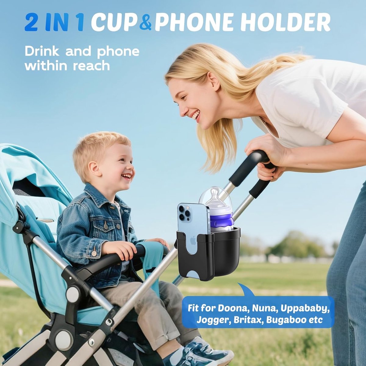 Walker bekerhouder, kinderwagen bekerhouderbevestiging met telefoonhouder, rolstoel-/kinderwagenaccessoires voor kinderwagens, fietsen, scooters, babyreisbenodigdheden