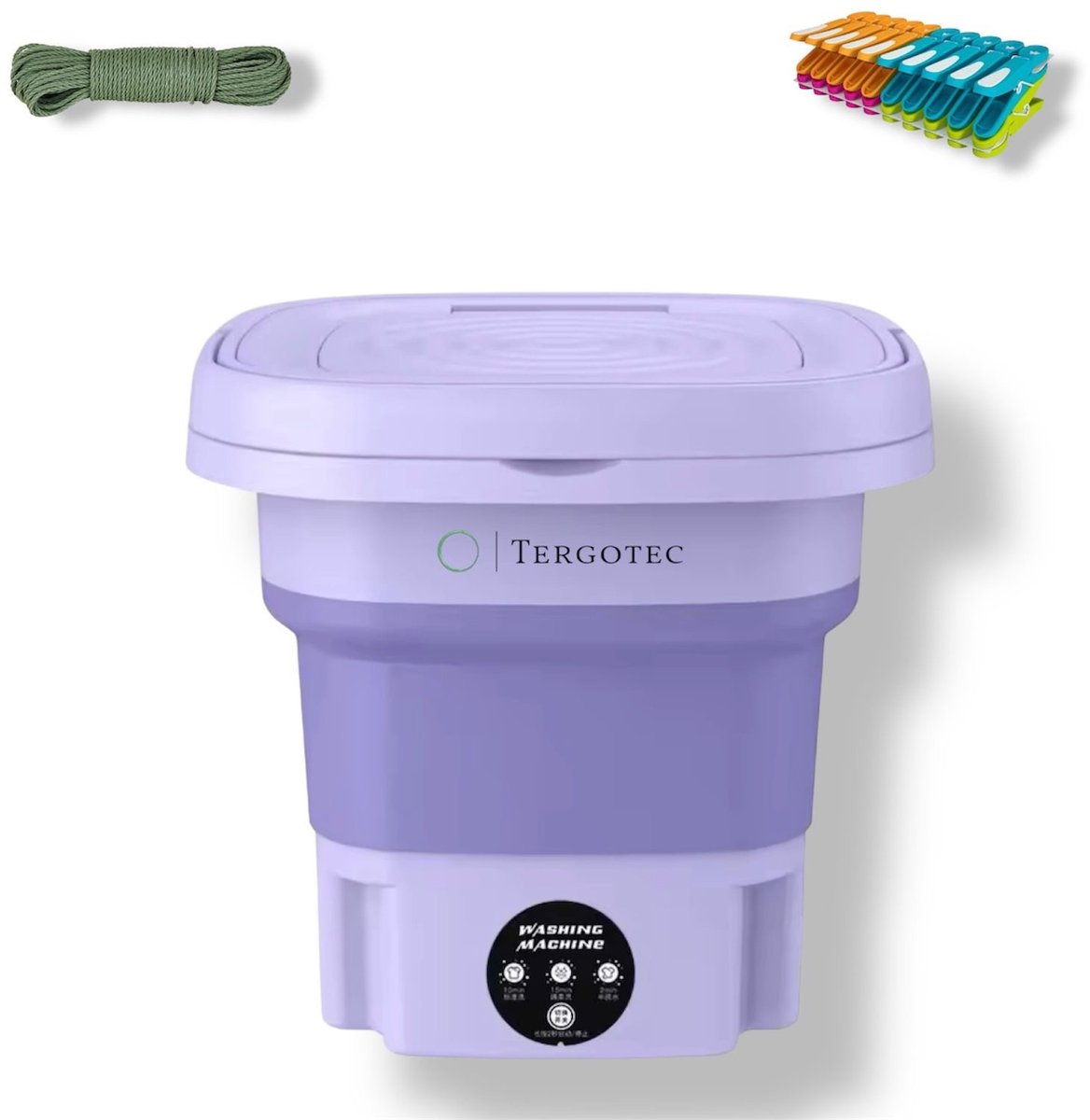 Tergotec Fold’n Wash 8 / Premium Draagbare wasmachine / Camping wasmachine / 8L / Inclusief droogrekje, 10 meter waslijn en setje wasknijpers