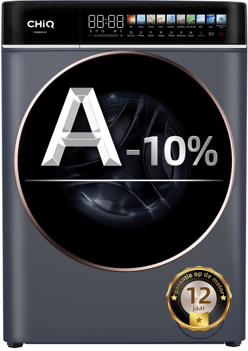 Lave-linge CHiQ 8 Kg - Moteur BLDC (1400 Tr/min), écran Tactile LED 13,5", Classe A-10%, Programmes Vapeur Et Rapide - Gris