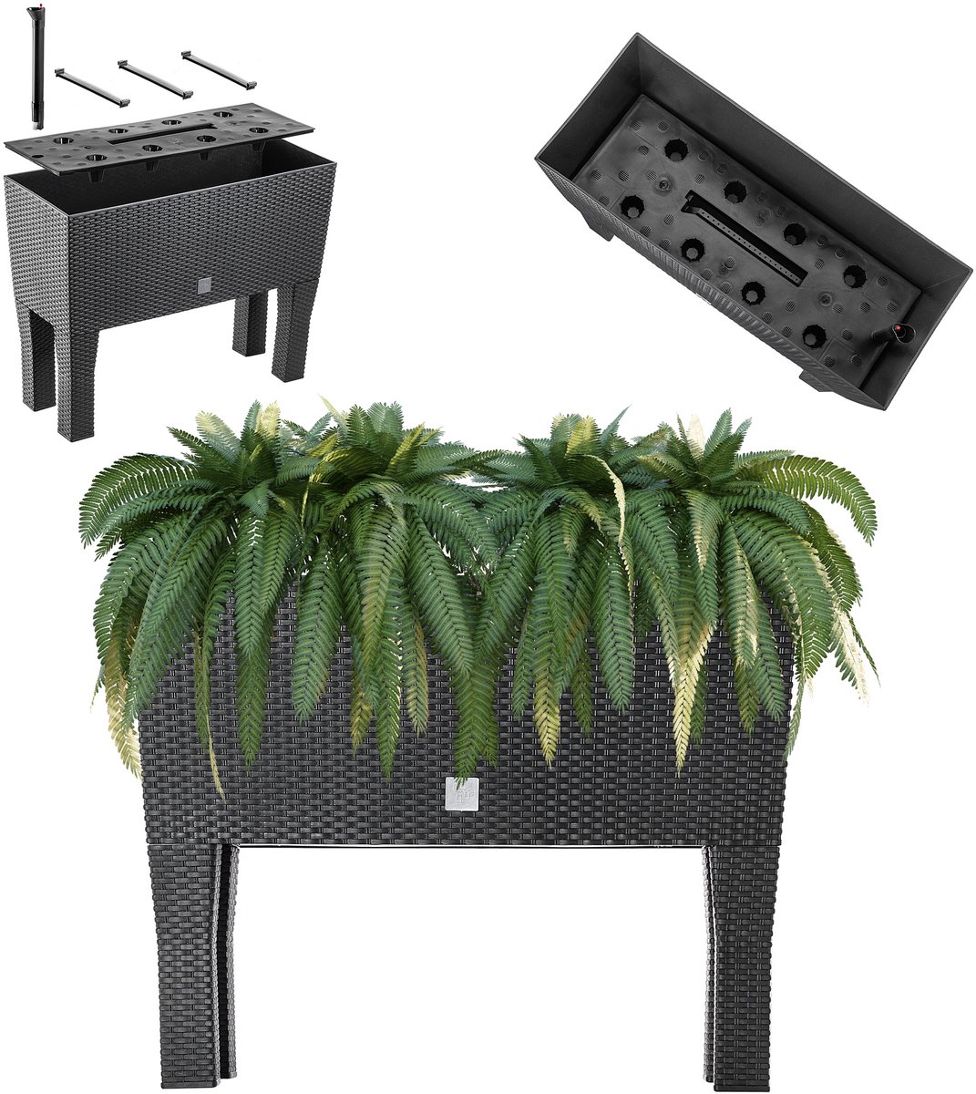 KADAX Bloempot op poten, verhoogd bloembed van kunststof in 2 maten, plantenbak in rotanmotief, bloembak voor tuin, balkon, terras, plantenbak, kruidenbed, 80 cm, antraciet