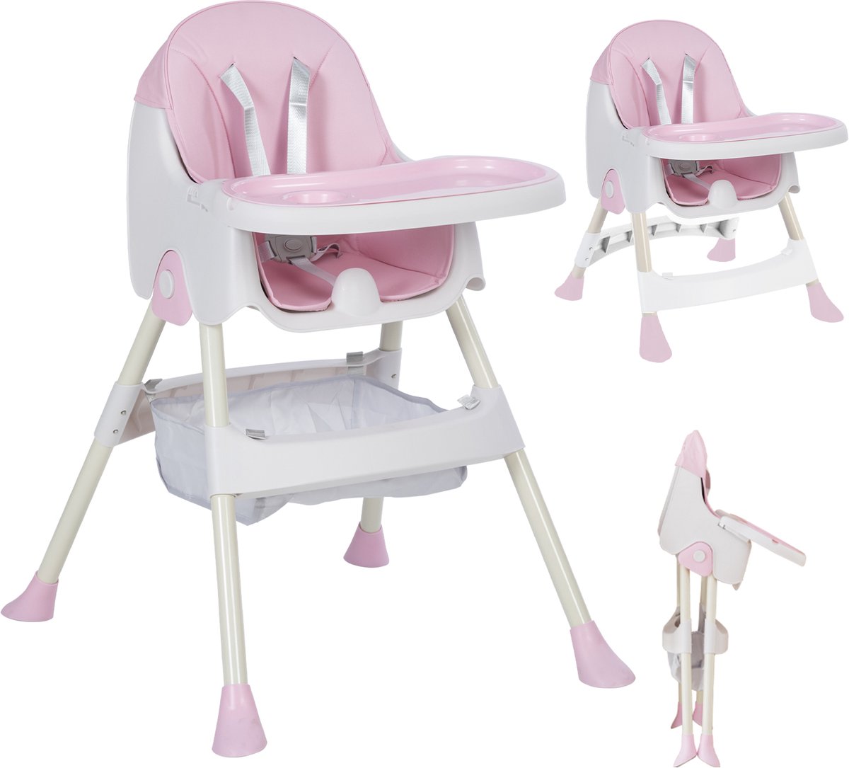 OFMOTRA Kinderstoel 3 in 1 - Inklapbare Eetstoel - Kinderzetel - met opbergmand - Verstelbaar Baby Stoel - Peuterstoel - 5-punts Gordel - Uitneembaar lederen kussen - Meegroei Stoel - Roze
