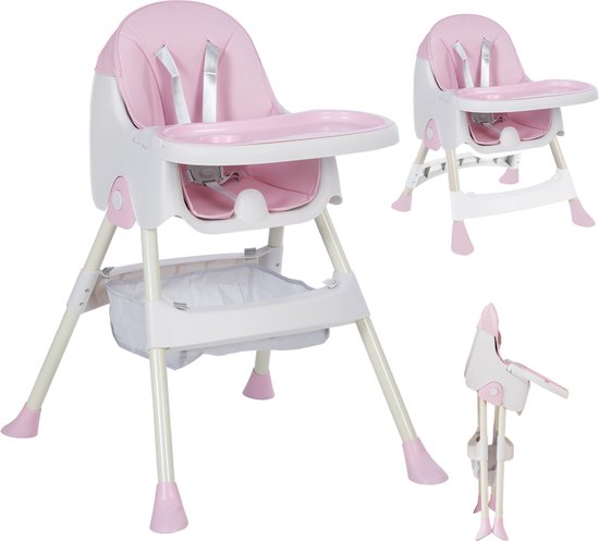 OFMOTRA Kinderstoel 3 in 1 - Inklapbare Eetstoel - Kinderzetel - met opbergmand - Verstelbaar Baby Stoel - Peuterstoel - 5-punts Gordel - Uitneembaar lederen kussen - Meegroei Stoel - Roze