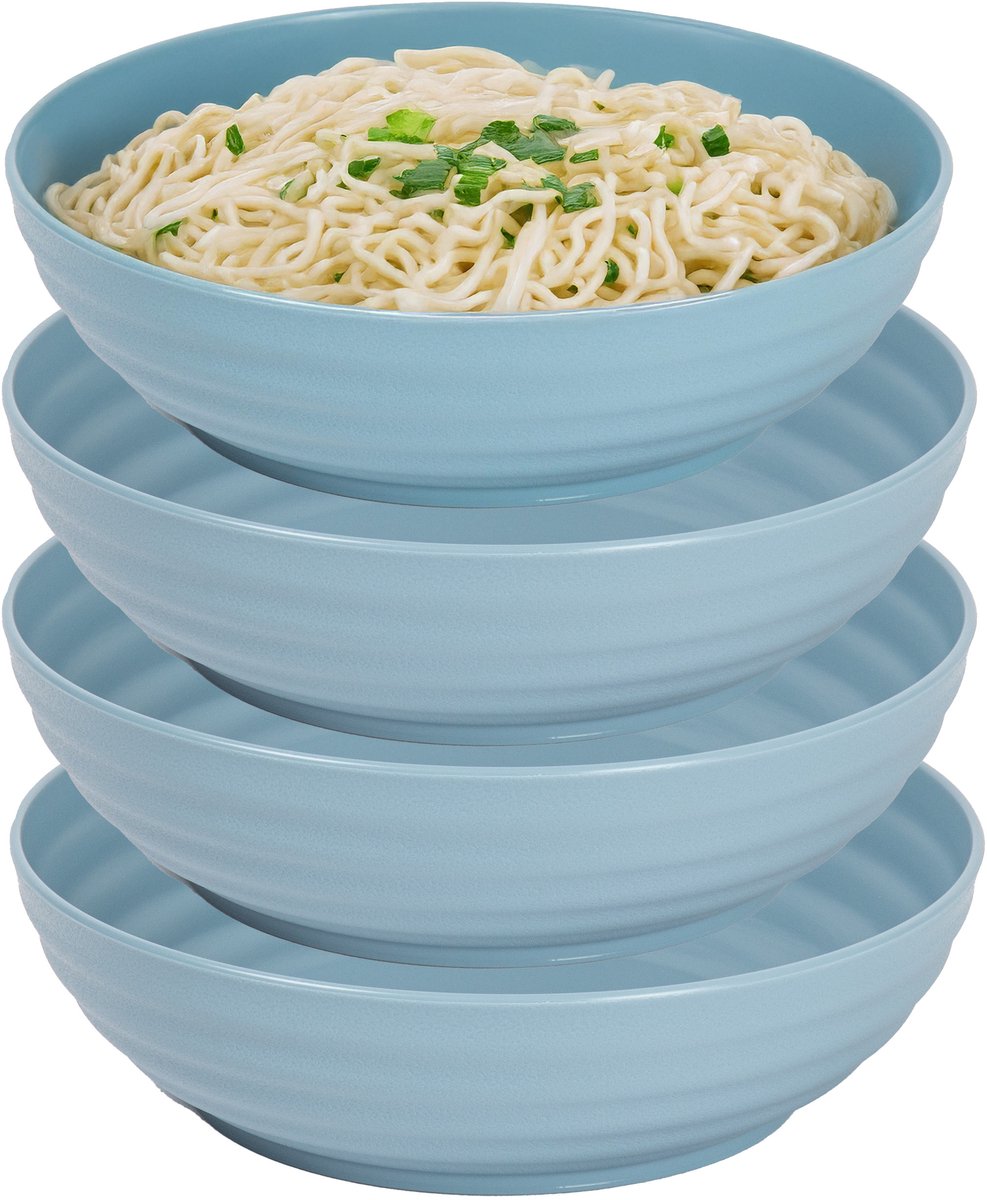 Plasticforte Rond bord/camping - 4x - diep bord/breed schaaltje - D19 x H5.5 cm - blauw - kunststof - soepborden - onbreekbaar servies