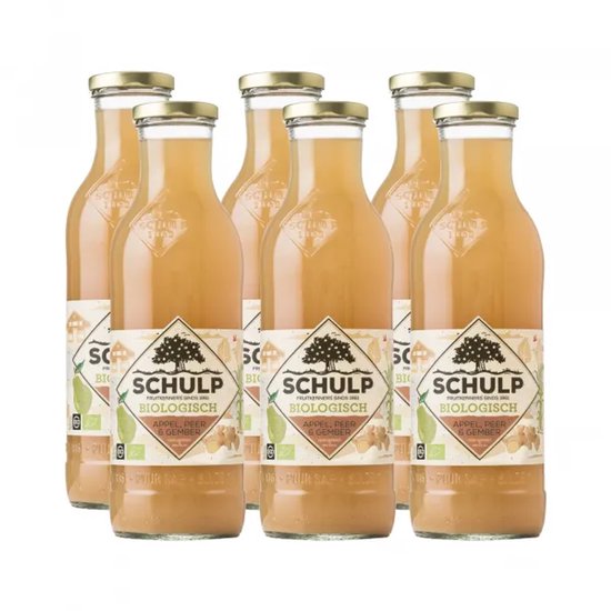 Zes glazen flessen Schulp biologisch appelsap, perensap en gember sap.
