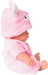 Babypop in een roze varkenspakje met capuchon en oortjes, zittend, zijwaarts.