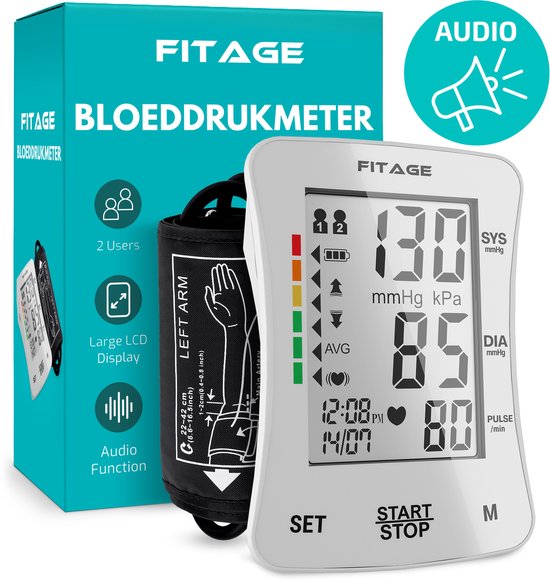 FITAGE Bloeddrukmeter Bovenarm - Medische Hartslagmeter met Nederlandse Voorleesfunctie aanbevolen door Hartstichting- Blood Pressure Monitor - Manchet 22-42cm - Bloeddrukmeters Wit