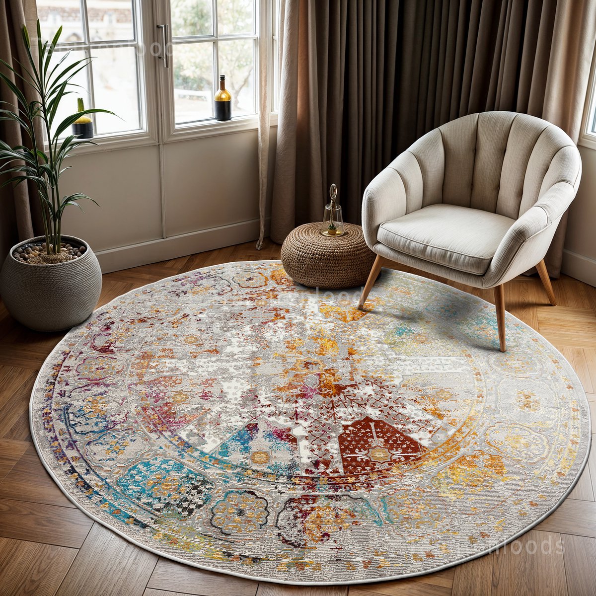 Muratap Picasso Feraghan Vintage Rond Vloerkleed Multi / Beige Laagpolig- 200 CM Ø Multikleur