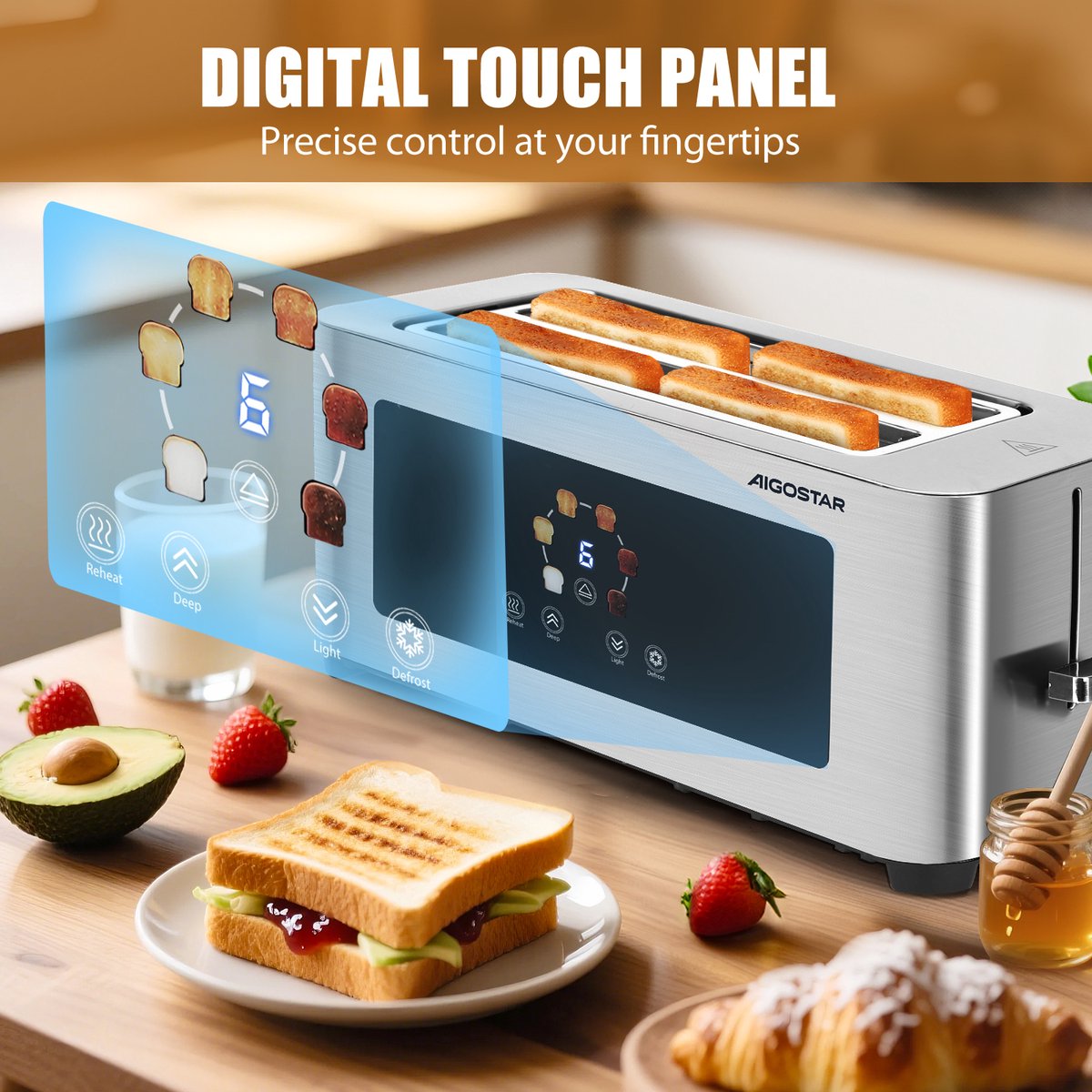 Aigostar Broodrooster lange sleuf - Toaster - LED Display - 4 Sneden - 6 Standen - 1400W - RVS -Bright 303QF thumbnail 4