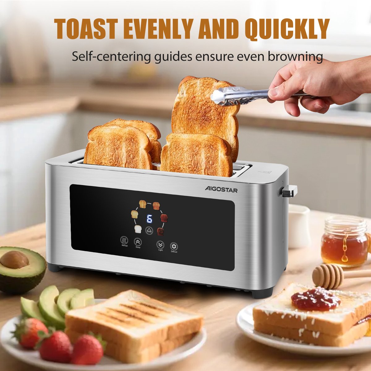Aigostar Broodrooster lange sleuf - Toaster - LED Display - 4 Sneden - 6 Standen - 1400W - RVS -Bright 303QF thumbnail 6