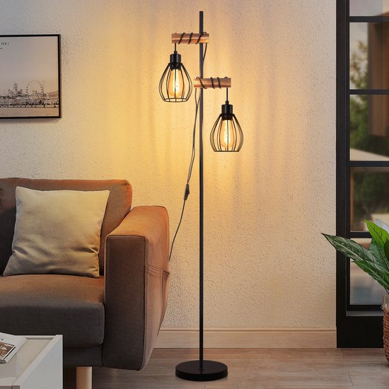 NETTLIFE Vloerlamp - E27 Fitting - zwart - 2 lichts - met 14cm Lampenkap - Vintage Staande lamp - metaal en hout - incl. schakelaar - H 152cm - voor Woonkamer | Slaapkamer | Kantoor - Zonder lamp
