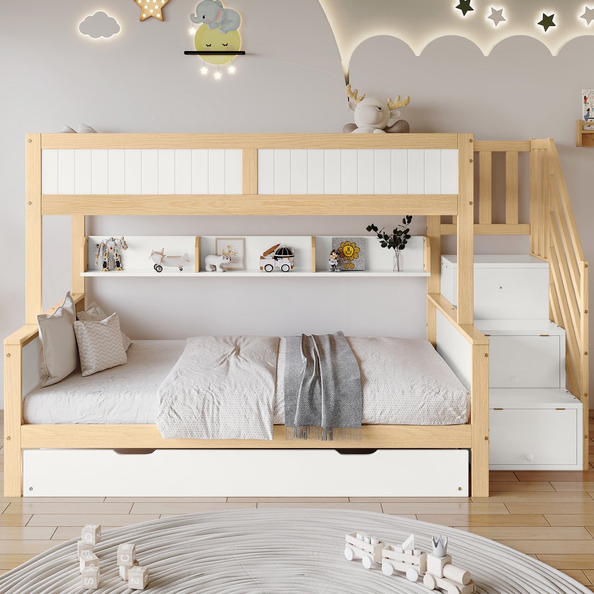Lit Cabane Enfant Merax 90x200 Cm - Avec étagères, Porte, Tableau Noir - Blanc, Sans Matelas - 11