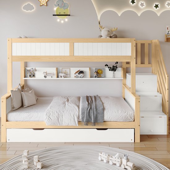 Lit superposé - lit bébé avec protection antichute et barrière - 3 lits - avec lit pliant - avec armoire - escalier d'angle - blanc naturel - 90x200&90x190&120*200cm