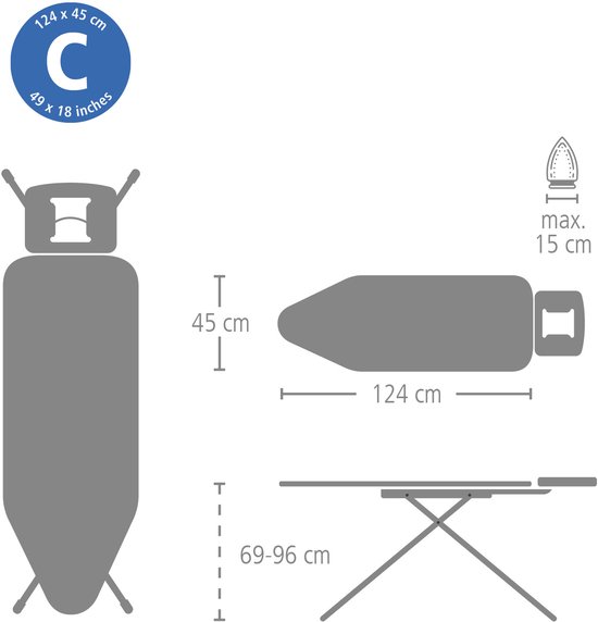 Afmetingen van de strijkplank C: 124x45 cm. Werkhoogte 69-96 cm. Max. strijkijzerhoogte 15 cm.
