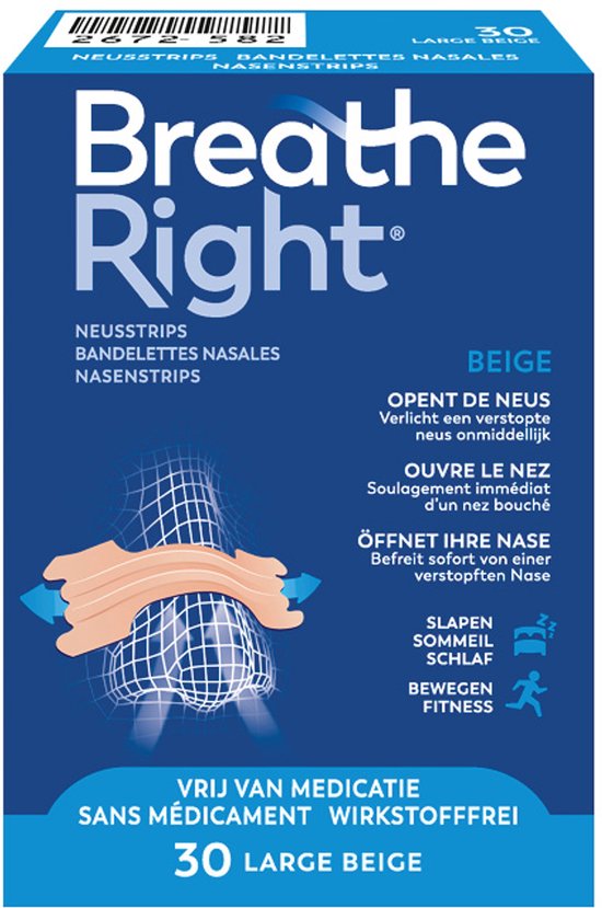 Breathe Right Anti Snurk Neusstrips - Neusspreider - Neuspleisters - Normale Huid - Large 30 stuks - Huidskleurig - Goede Nachtrust - Huidvriendelijk - Ideaal bij Verkoudheid en Allergieën