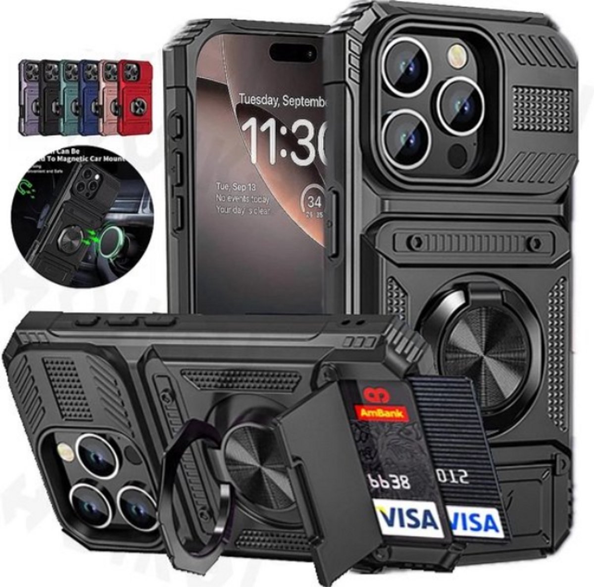 Luxe Super Stevige Telefoonhoes met Card Holder,geschikt voor iphone 16 pro - Magnetische Rotatieve Ring en Kickstand- Schokbestendige Wallet Cover voor Optimale Bescherming!