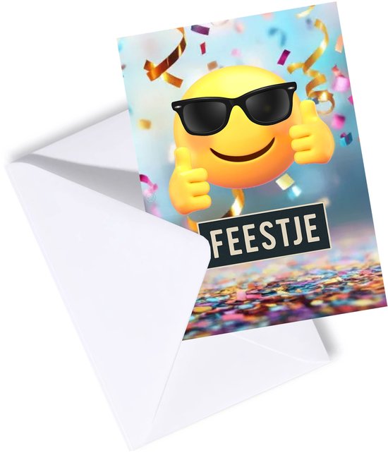 Uitnodiging kinderfeestje - Set 8 stuks met enveloppen - Jongen Meisje - Smiley met Zonnebril - Gratis Verzonden