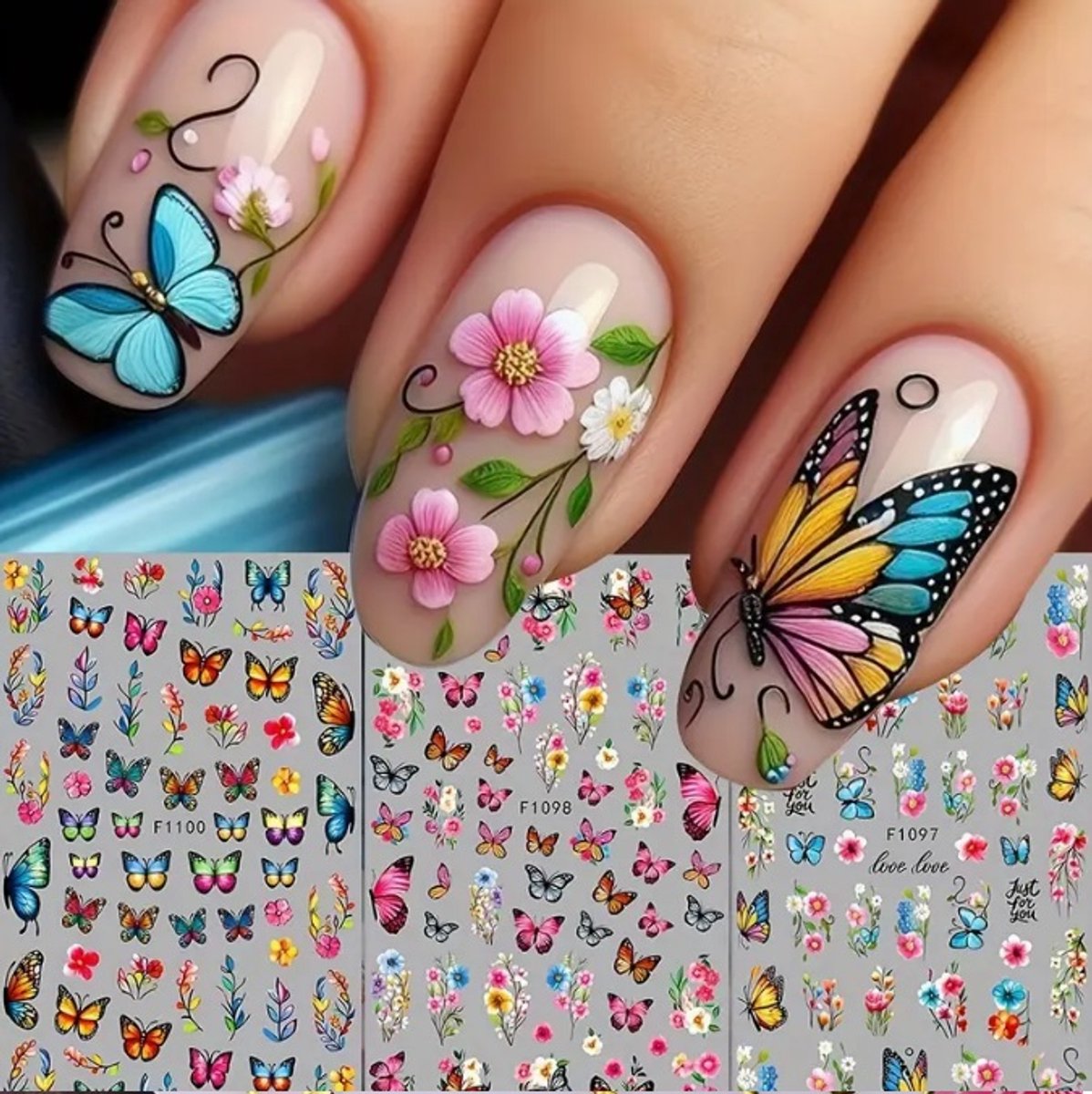 Nagelstickers - Nail Art - Vlinders - Kleurrijk - 3 Velletjes