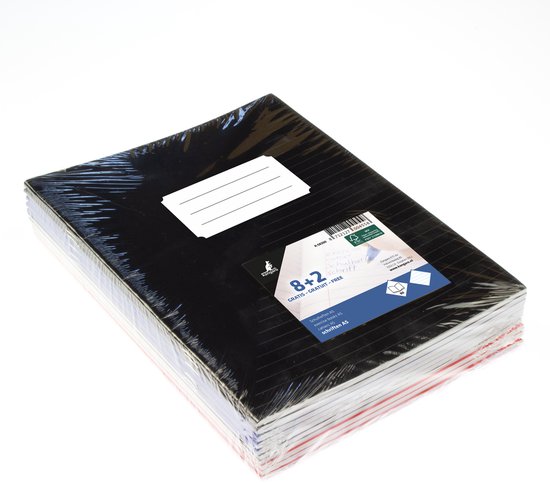 Zwarte A5 notitieboekjes in plastic verpakking, met label '8+2 GRATIS'.